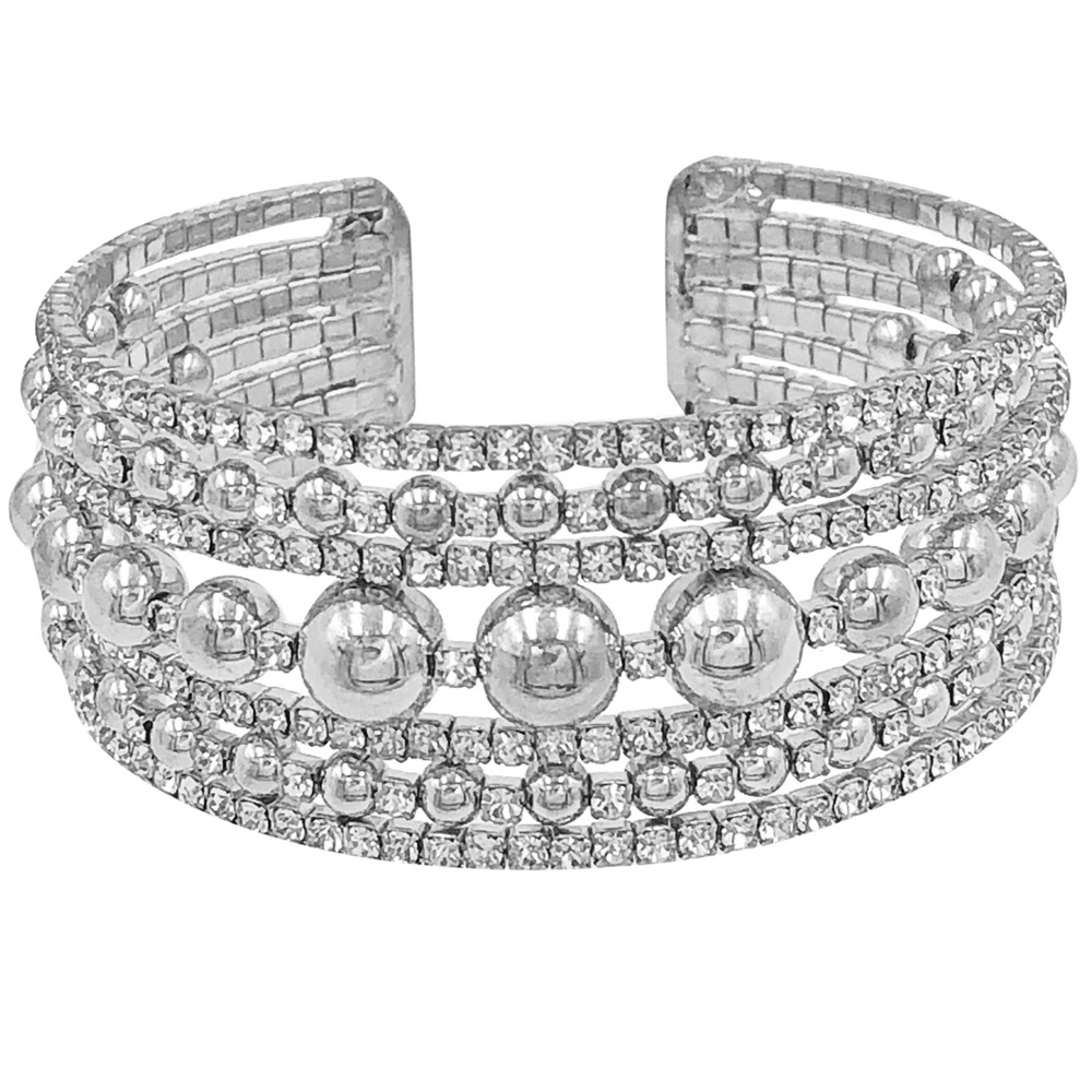 7 Row Silver Rhinestone Fancy Formal Bead Cuff Bracelet
